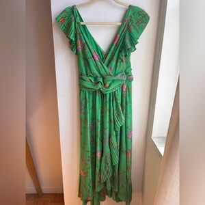 Ruffle-sleeve Floral-wrap midi dress